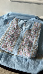 blue pure mul chanderi kurta piece folded, fine chikankari with haath ki jaali on semi stitch gathers s