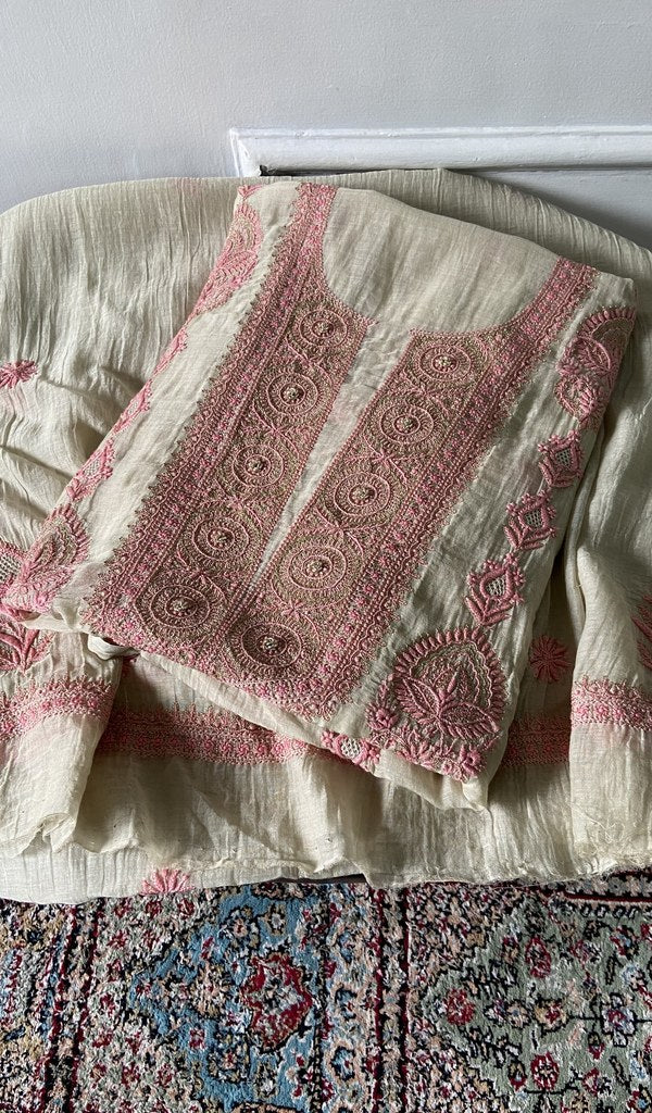 green pure mul chanderi chikankari set on the mannequin, dupatta on the stand