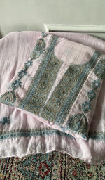 Load image into Gallery viewer, pink pure mul chanderi chikankari set on the mannequin, dupatta on the stand