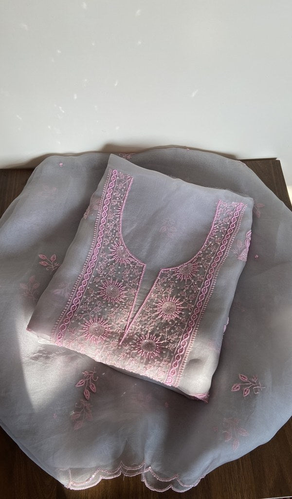 Folded grey organza silk kurta, gala and neckline work