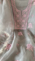 Stitch detail on the grey organza silk kurta