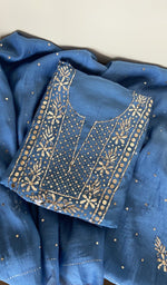 Blue pure mul chanderi kurta piece folded, badla work on gala and boota