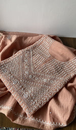 Peach maheshwari mul chanderi kurta piece folded, fine front and back chikankari anarkali with haath ki jaali