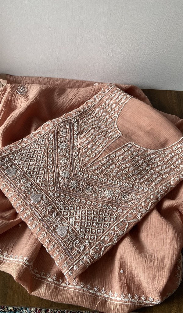 Peach maheshwari mul chanderi kurta piece folded, fine front and back chikankari anarkali with haath ki jaali