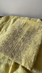 Load image into Gallery viewer, Yellow pure maheshwari mul chanderi kurta piece folded, do taar and teen taar chikankari in view
