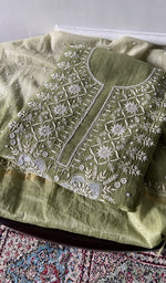 Load image into Gallery viewer, Pista Green pure maheshwari mul chanderi kurta piece folded, do taar and teen taar chikankari in view