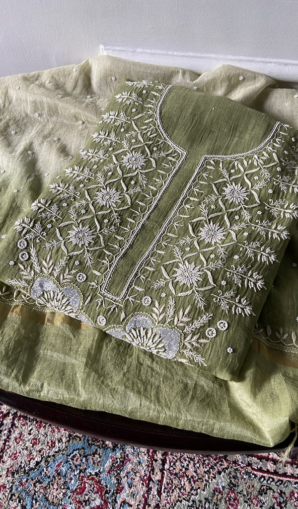 Jazba — Pista Green Pure Mul Chanderi Chikankari 2 Pc Unstitched Suit Set