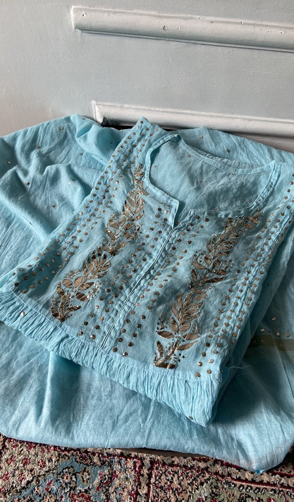 Pale Blue pure maheshwari mul chanderi kurta piece folded, do taar and teen taar chikankari in view