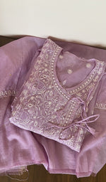 Folded lavender mul chanderi kurta, gala and neckline work