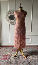 Load image into Gallery viewer, Rose pink pure tussar silk chikankari unstitched kurta fabric laid out