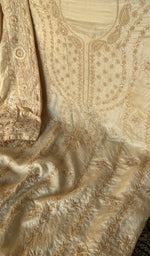 Stitch detail on the beige tussar silk kurta