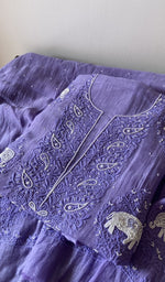 Load image into Gallery viewer, Purple pure mul chanderi kurta piece folded, fine chikankari in view