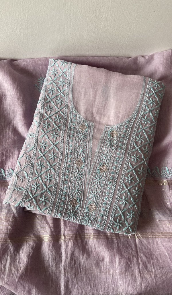 Pink pure mul chanderi kurta piece folded, do taar and teen taar jaaldar chikankari with zari haath ki