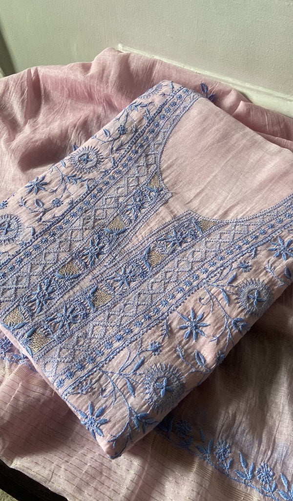 pink pure mul chanderi chikankari suit set, folded