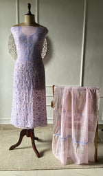 pink pure mul chanderi chikankari set on the mannequin with the dupatta