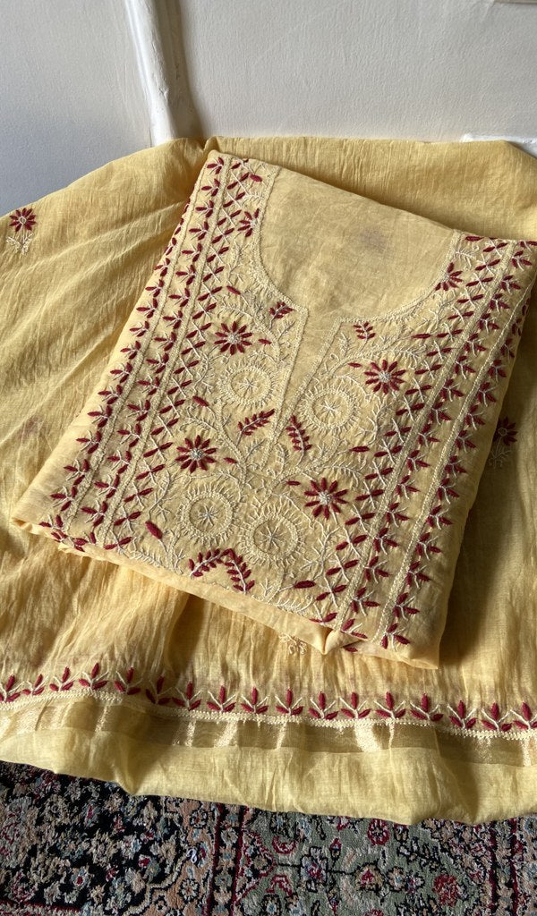 Abeer — Yellow Mul Chanderi Chikankari 3 Pc Unstitched Suit Set