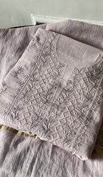 pink pure mul chanderi kurta piece folded, fine contrast chikankari