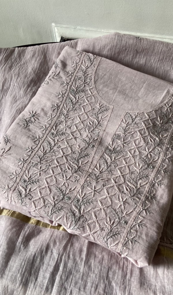 pink pure mul chanderi kurta piece folded, fine contrast chikankari