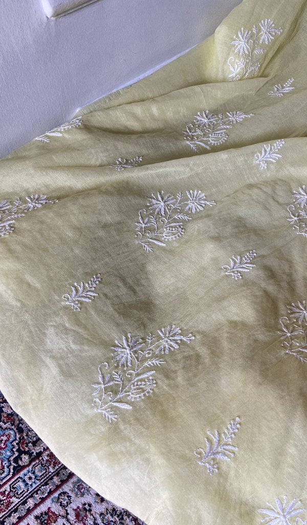 Chikankari across the body of the yellow kurta piece