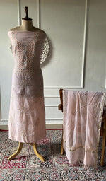 Load image into Gallery viewer, Dusty pink mul chanderi chikankari 3 pc unstitched suit set laid out