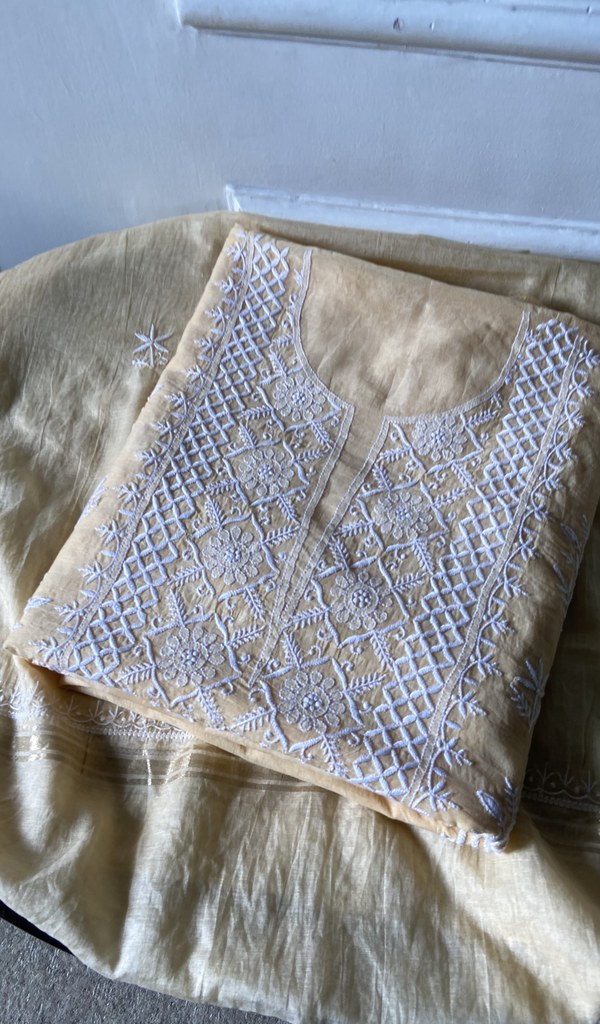 cream pure mul chanderi kurta piece folded, fine contrast chikankari