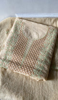 Adeena — Cream Pure Mul Chanderi Green and Peach Thread Chikankari 3 Pc Unstitched Suit Set