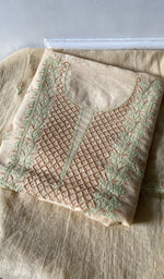 cream pure mul chanderi kurta piece folded, fine contrast chikankari