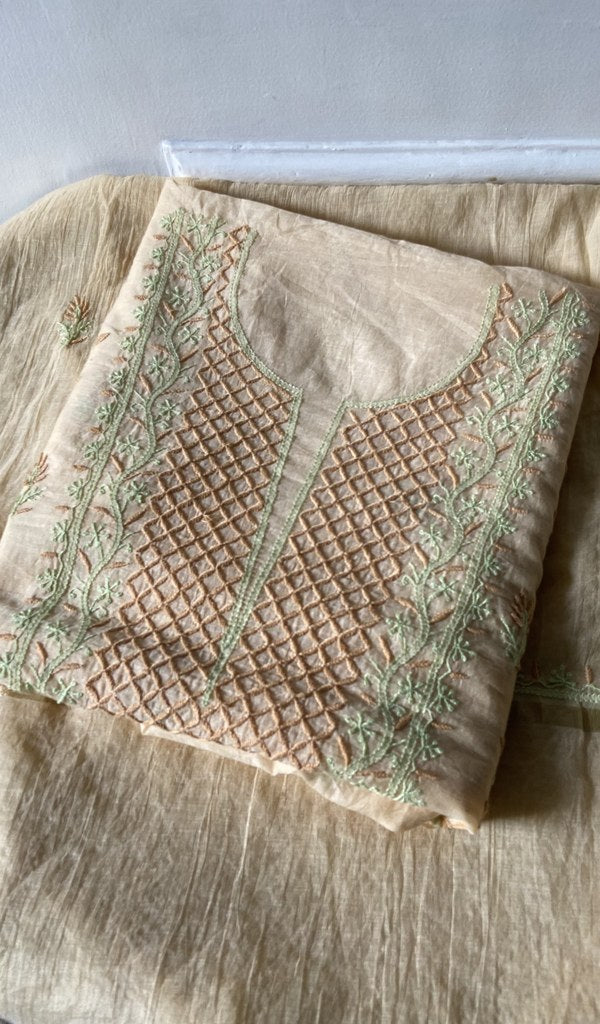 cream pure mul chanderi kurta piece folded, fine contrast chikankari