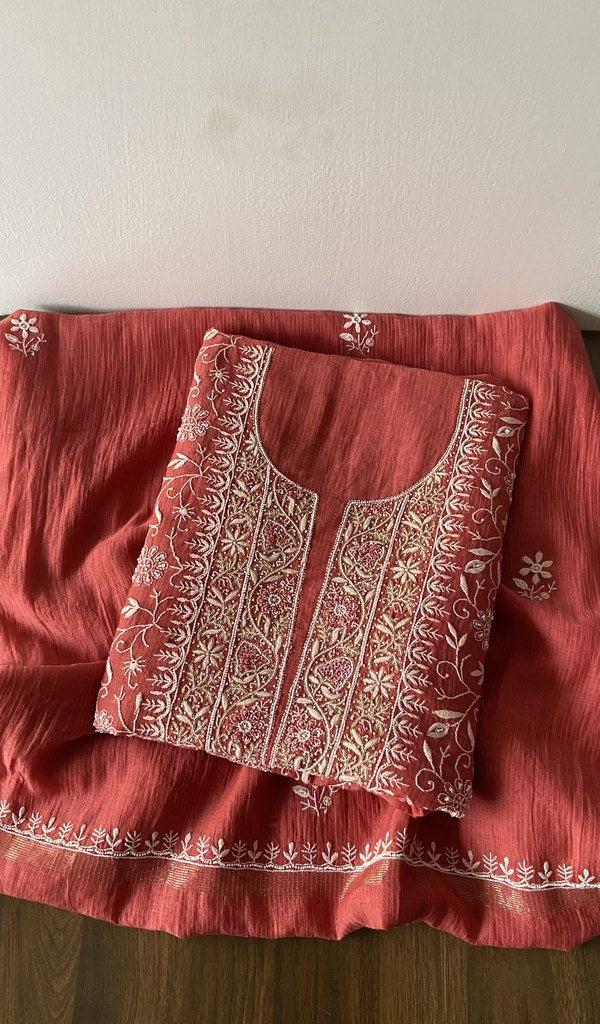 Red maheshwari mul chanderi kurta piece folded, do taar and teen taar chikankari with haath ki jaali
