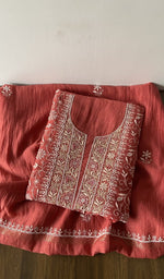 Red maheshwari mul chanderi kurta piece folded, do taar and teen taar chikankari with haath ki jaali