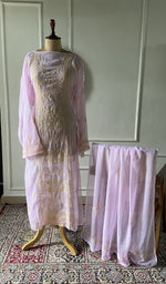 Load image into Gallery viewer, lilac pure kota cotton chikankari 3 pc semi-stitched suit set on mannequin