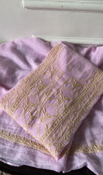Load image into Gallery viewer, lilac chikankari set folded, worked panel on top