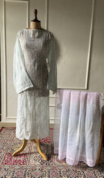 Load image into Gallery viewer, blue grey pure kota cotton chikankari 3 pc semi-stitched suit set on mannequin