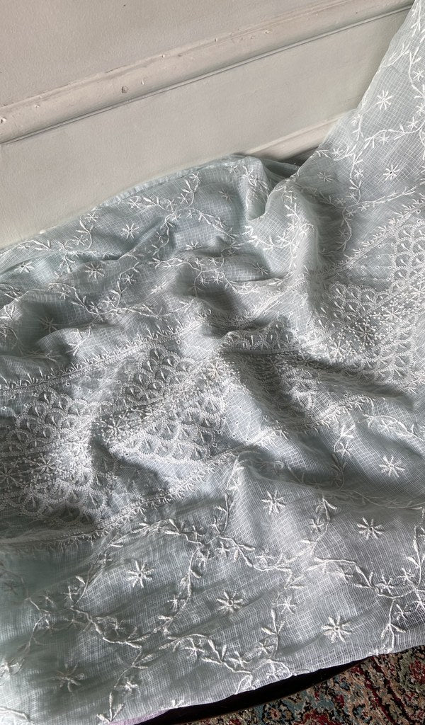 gala and front chikankari on blue grey pure kota cotton