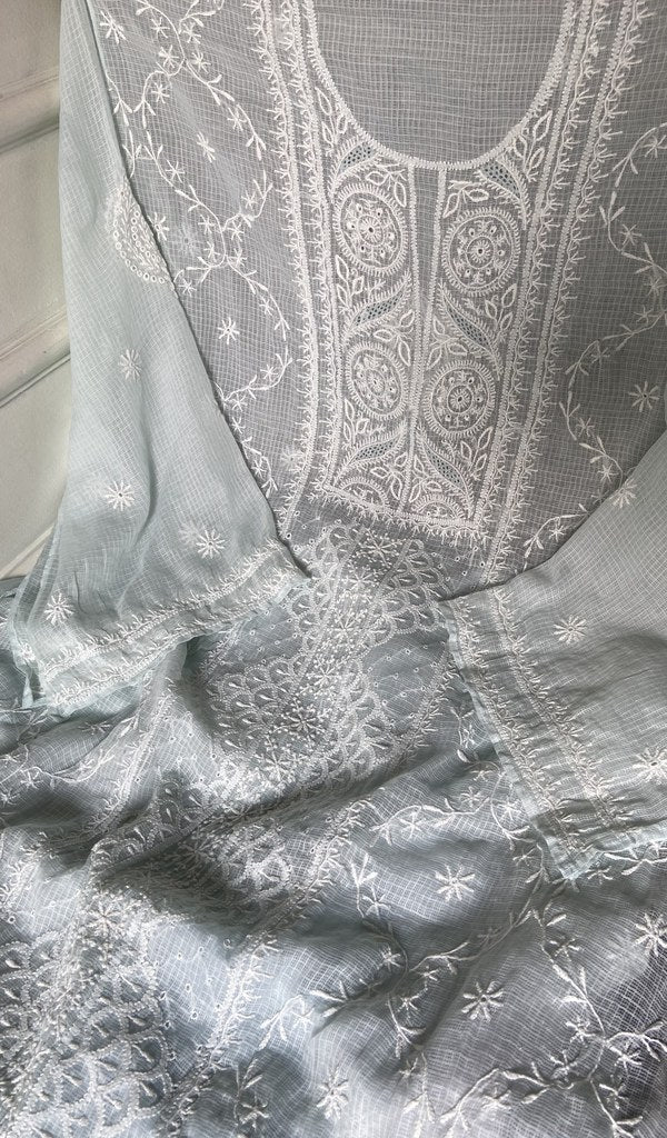 close view of the hand embroidery, blue grey pure kota cotton