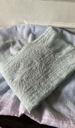 Load image into Gallery viewer, blue grey chikankari set folded, worked panel on top