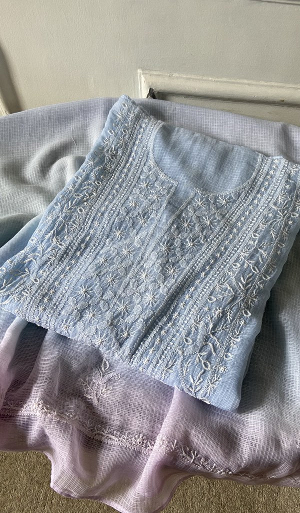 blue pure kota cotton chikankari suit set, folded