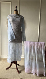 blue pure kota cotton chikankari set on the mannequin with the dupatta