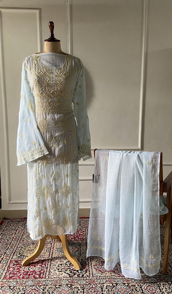 pale blue pure kota cotton chikankari 3 pc semi-stitched suit set on mannequin