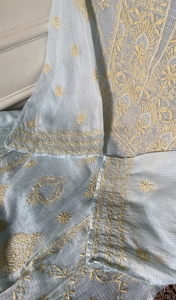 do taar and teen taar chikankari on pale blue pure kota cotton