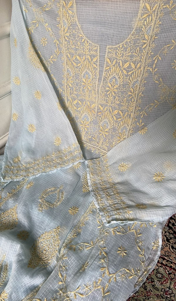 close view of the hand embroidery, pale blue pure kota cotton