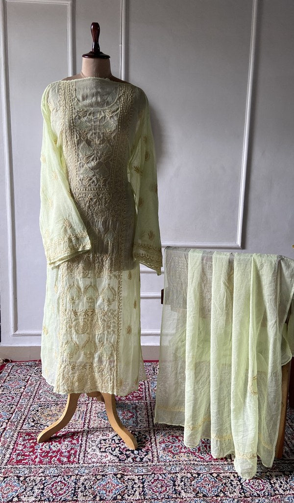 pale yellow green pure kota cotton chikankari 3 pc semi-stitched suit set on mannequin