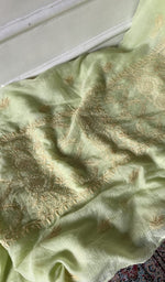 Load image into Gallery viewer, gala and front chikankari on pale yellow green pure kota cotton