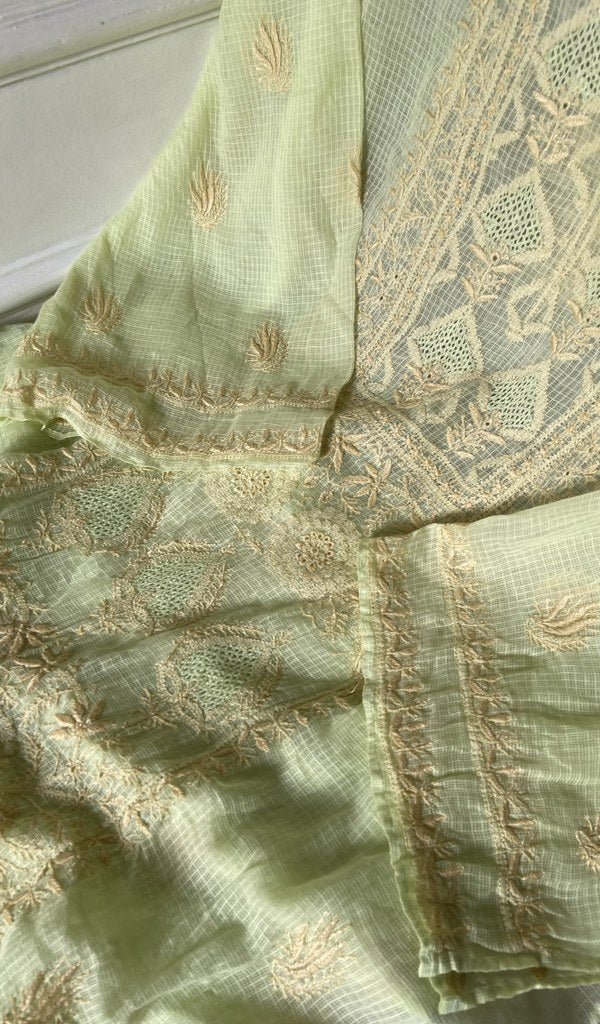 do taar and teen taar chikankari on pale yellow green pure kota cotton