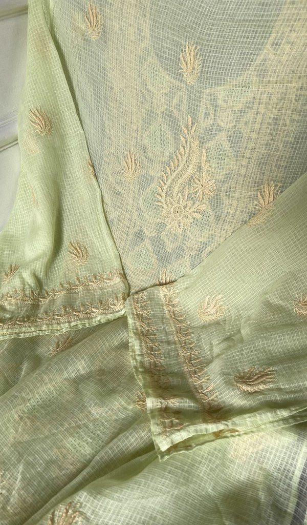 dupatta chikankari detail, pale yellow green pure kota cotton
