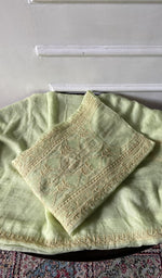 Load image into Gallery viewer, pale yellow green pure kota cotton chikankari 3 pc semi-stitched suit set, folded