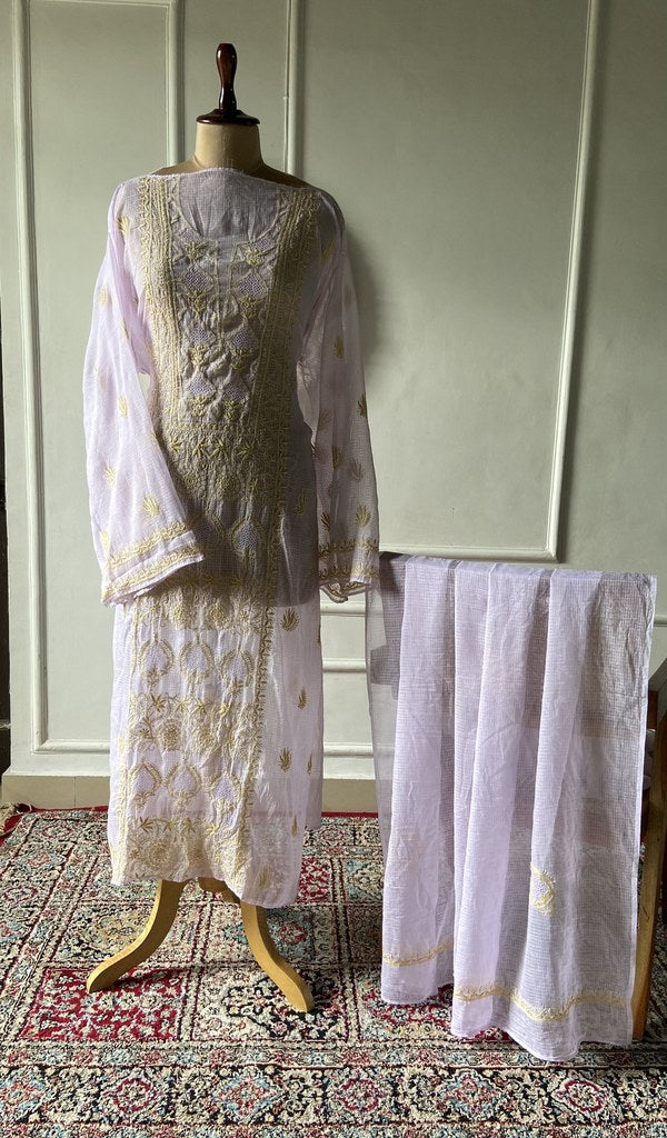 ivory pure kota cotton chikankari 3 pc semi-stitched suit set on mannequin