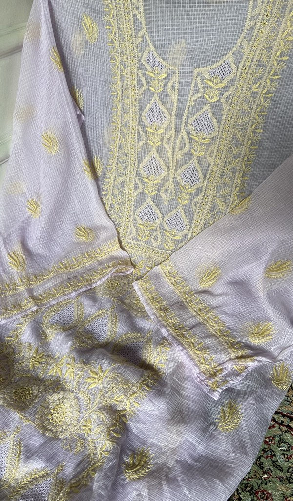 close view of the hand embroidery, ivory pure kota cotton