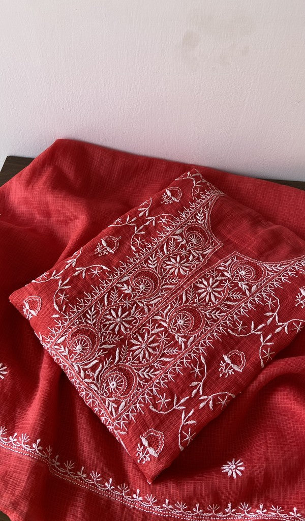 Red kota cotton kurta piece folded, do taar and teen taar chikankari