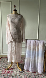 Load image into Gallery viewer, blush pink pure kota cotton chikankari 3 pc semi-stitched suit set on mannequin